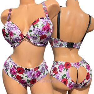 Victorias Secret Very Sexy Rhinestone Strap Bombshell Add-2-Cups Bra cheeky set